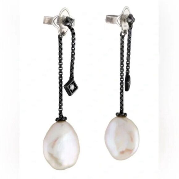 David Yurman Pearl & Diamond Solari Black Chain Drop Earrings EUC